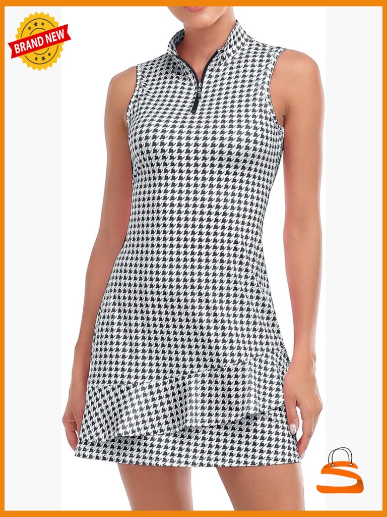 Sleeveless Golf Tennis Dress With Shorts Pockets Zip Up Stand Collar Midi A-Line